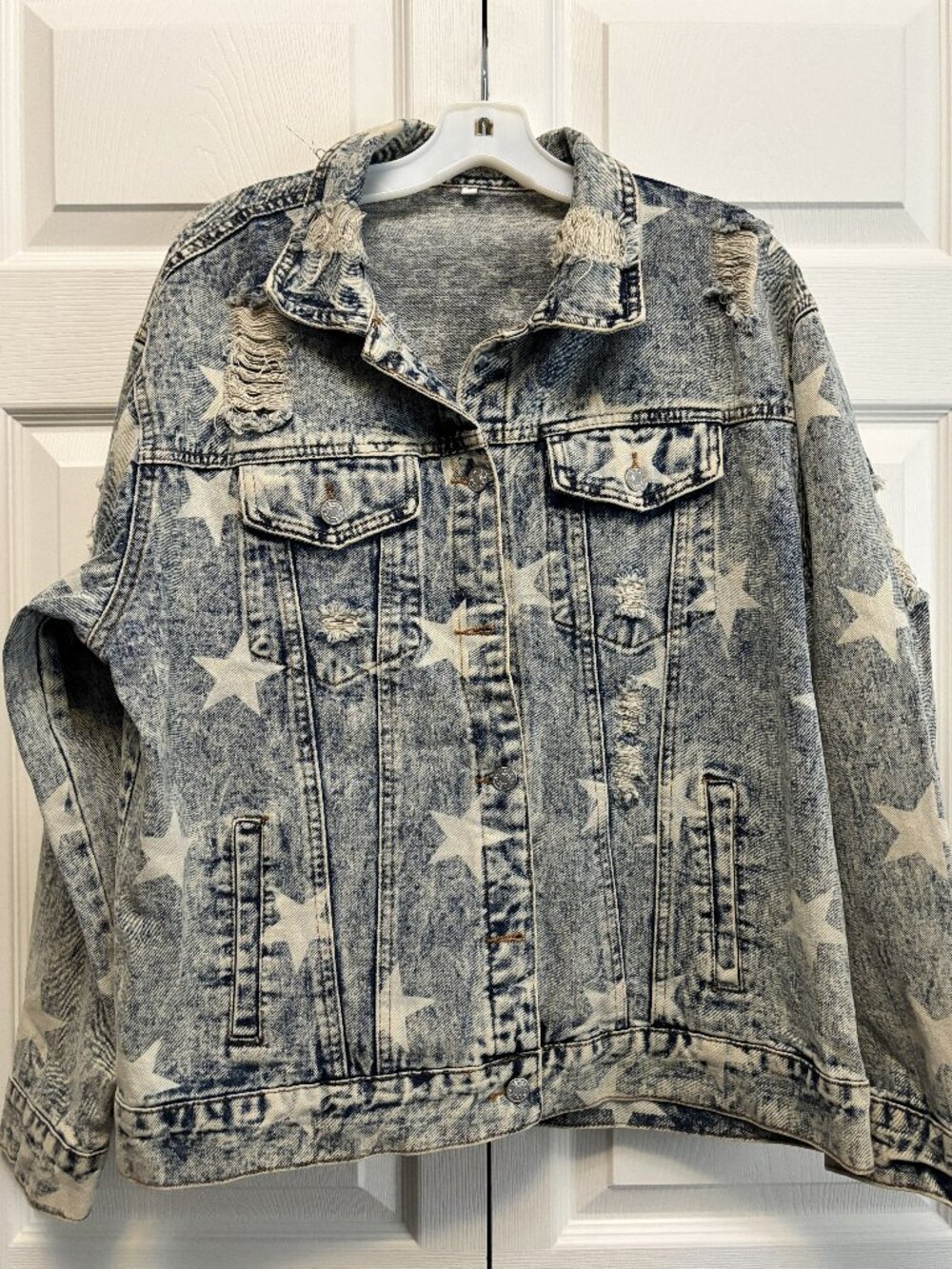Acid Wash Star Print Distressed Denim Jacket Women’s Large Oversized